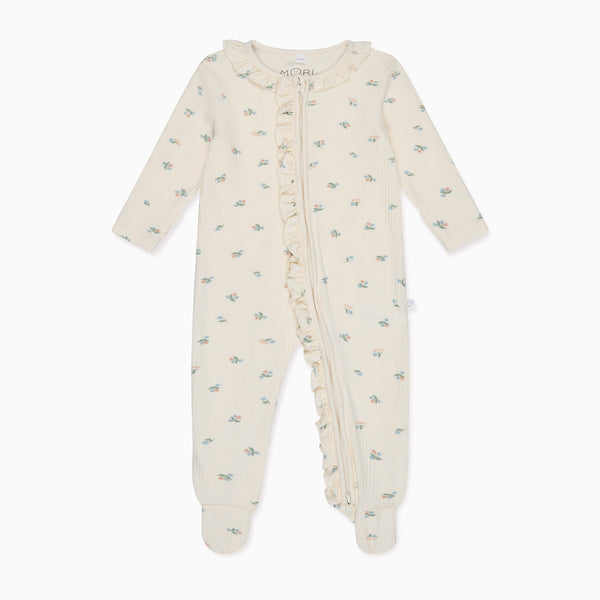 R_babys Floral Frilled Ribbed Clever Zip Baby Pajamas | Organic Baby