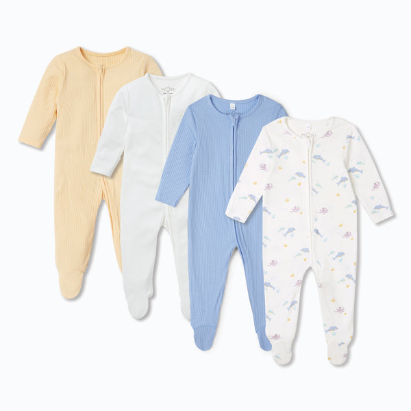 Ribbed & Signature Clever Zip Baby Pajamas 4 Pack Organic Baby