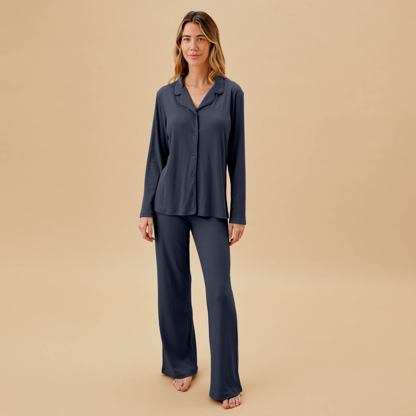 Women's Ribbed Collared Pajama Set