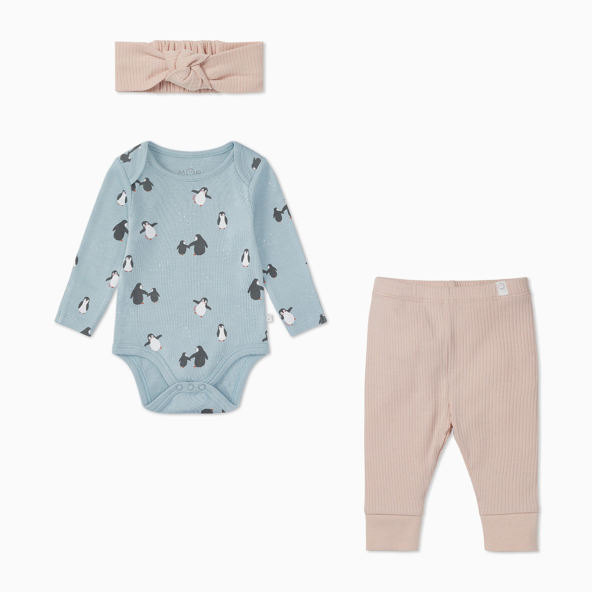 Penguin Print Bodysuit, Ribbed Leggings Headband Outfit Blush Penguin  M