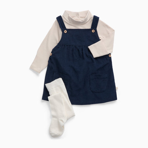 ladies navy pinafore dress MORI Corduroy & Tights fabric:Applique