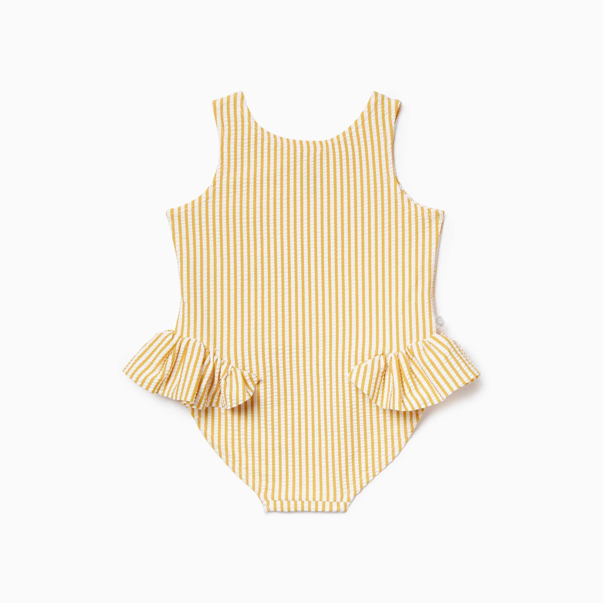 Seersucker Mustard Stripe Frill Swimsuit | Baby Swimwear